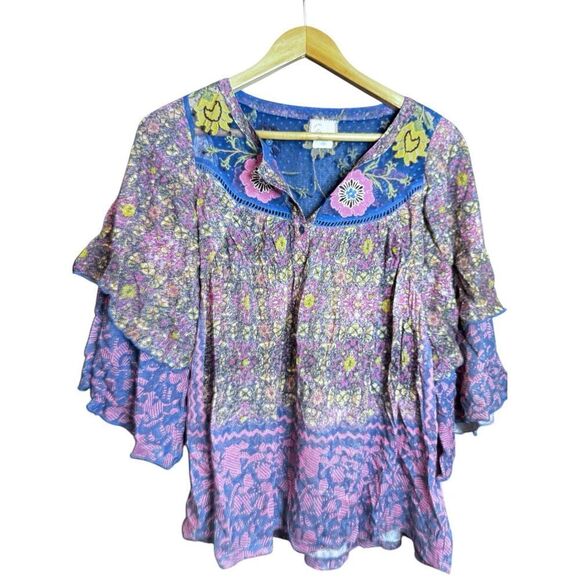 Anthropologie Postmark Floral Cross Stitched  Embroidered Ruffle Blouse M - Picture 1 of 8